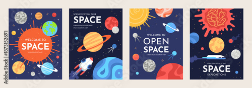 Space poster and cards. Universe flyers open space fun science club. Planet and stars doodle education banner design. Cartoon rocket, spaceship, sun dark background space.