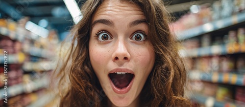 Surprised beautifull happy latino woman with open mouth against the backdrop of a supermarket store