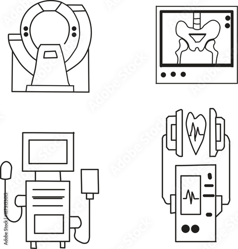 Medical diagnostic imaging and monitoring icons set including CT scanner, pelvic bone X-ray display, ultrasound machine, and heart defibrillator system. Healthcare radiology and emergency care 