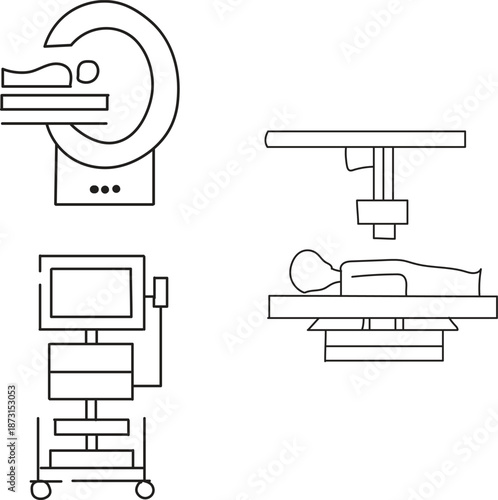 Medical diagnostic equipment icons set featuring MRI scanner, CT scan, patient monitoring system, and X-ray table machine. Hospital technology and radiology concepts vector.