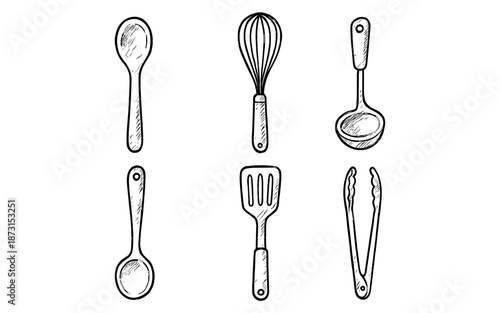 Collection of hand-drawn kitchen utensils including a whisk, ladle, and spatula