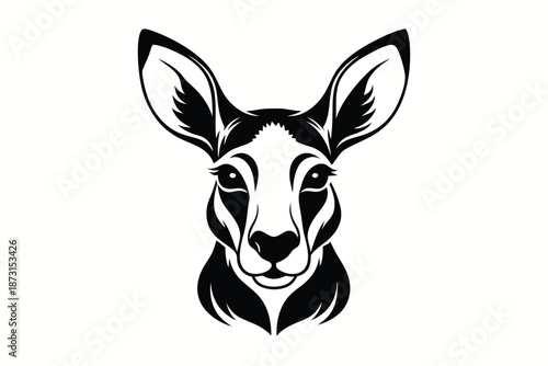 Kangaroo Face Profile Silhouette, Black and White Fauna Illustration Isolated on White