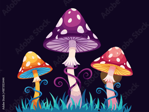 Whimsical and vibrant vector illustration of three fantastical mushrooms with playful curly stems, set against a dark, mysterious background with grass