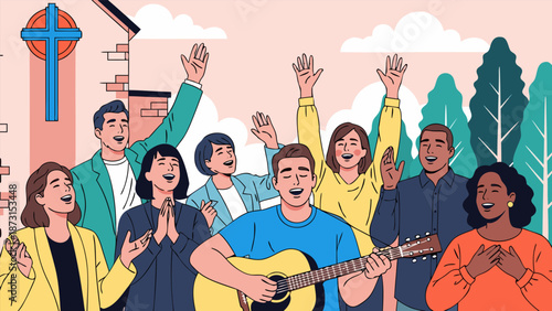 Vector illustration of a diverse group of people singing and playing guitar at a church gathering
