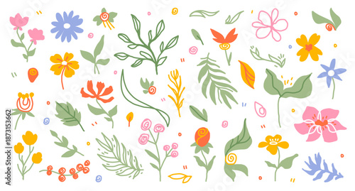 Simple colorful botanical flowers and leaves.    Spring graphic design doodle elements. Hand drawn modern nature shapes. Wildflowers and garden plant flat style.