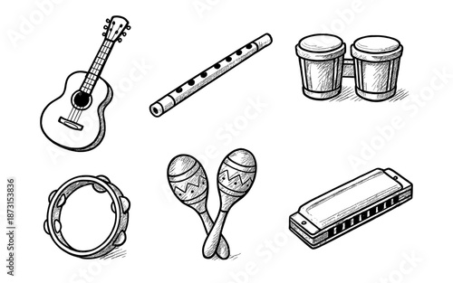 Collection of hand-drawn musical instruments including guitar, flute, and percussion