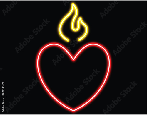 Heart on Fire Neon Neon Fire Flame and Heart Symbols on Gray Background A glowing neon heart breaking through a cracked matte black wall