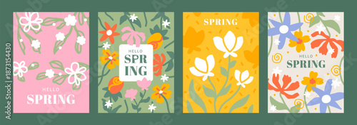 Spring flower poster and invitations cards. Hello spring hand drawn simple events flyers. Beautiful doodle flowers and leaves decoration covers. Mother’s Day, Easter banner design.