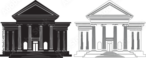 Black and white illustration of ancient Greek temple facades