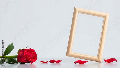 Empty Picture Frame with Rose Petals and Red Rose