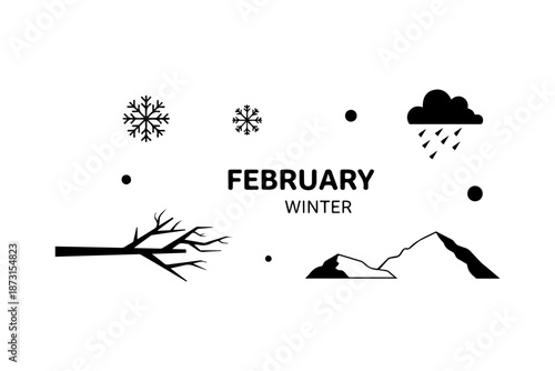Minimal Black Winter Vector Illustration with Cold Weather Symbols on White Background