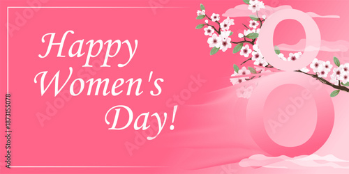 International Women’s Day greeting poster, Figure 8 eight and blossom tree, frame banner, template layout typography design for advertising, web, social media.