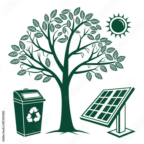 Tree with solar panel and recycling bin