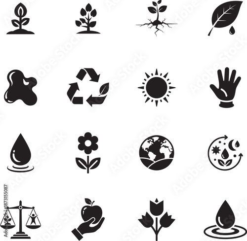Fresh Nature and Ecology Silhouette icon collection. Includes Silhouette symbols plant, water, sun, organic, recycle and more. Isolated icons. Fresh Nature icon set. Minimalist icons pack.