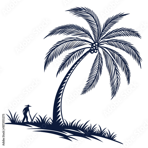 Farmer tending to palm tree