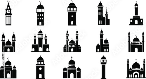 black silhouettes of various mosque buildings and towers