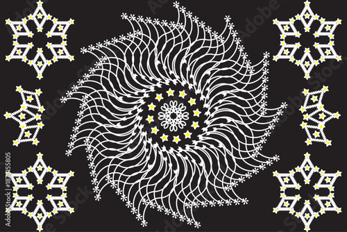 Intricate swirling snowflake pattern on dark background