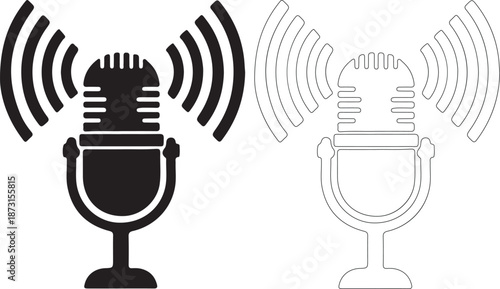Black and white microphone icon with sound waves for podcasting and broadcasting