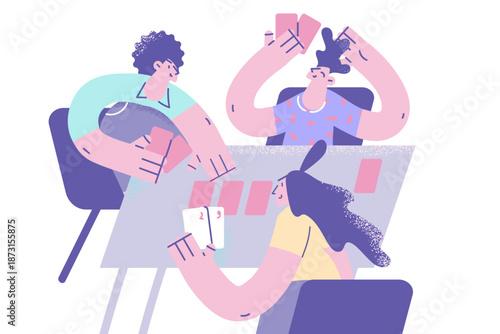 Happy people play cards together on weekend