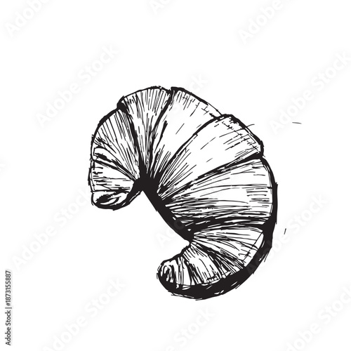 Hand Drawn Croissant Sketch Isolated on White Background. Minimalist Black and White French Pastry Illustration. Vintage Ink Drawing of Fresh Bakery Croissant for Menu Design.