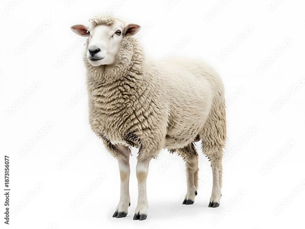 Fototapeta premium White Sheep Standing Isolated on White Background