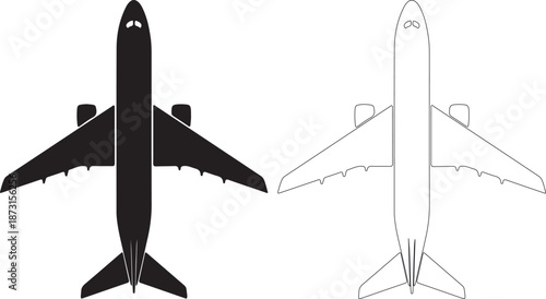 Airplane silhouettes, black and white illustration, rear view