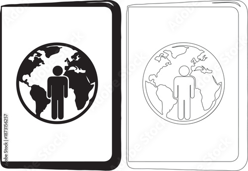 Black and white illustration of a man standing on Earth globe