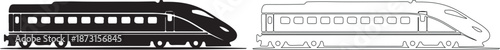 Modern train silhouettes, black and white outlines side view