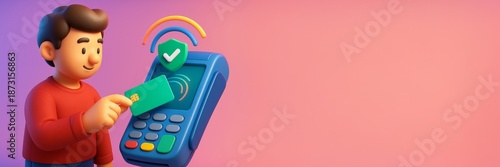 Cartoon-style character using contactless payment with card on terminal, secure transaction concept with clean copyspace background. Ai generative
