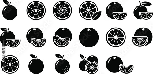 Black silhouette collection of orange fruit icons, citrus slices and whole oranges set, isolated on white background, vector graphic illustration