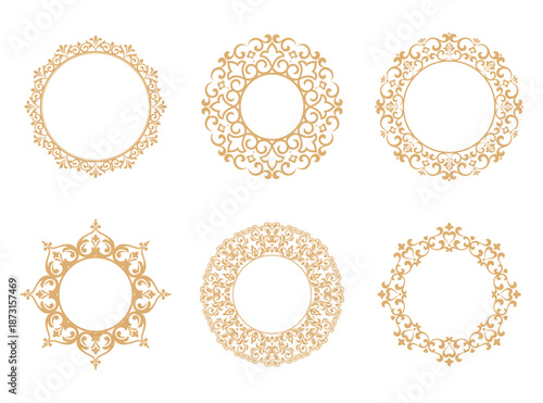 Set of decorative frames Elegant vector element for design in Eastern style, place for text. Floral golden and white borders. Lace illustration for invitations and greeting cards