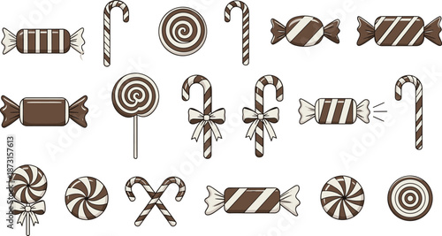 Christmas Candy and Sweets Vector Set, Peppermint Lollipop Illustrations, Chocolate Wrapped Toffee Graphics, Holiday Candy Cane Icons, Festive Dessert Food,