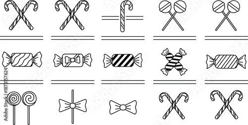 Christmas Candy Outline Vector Set, Holiday Sweets Line Art Collection, Candy Cane and Lollipop Icons, Festive Dessert Food Graphics, Monogram,