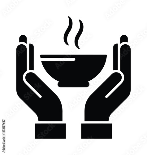 Vector hands holding steaming bowl in a black and white graphic design