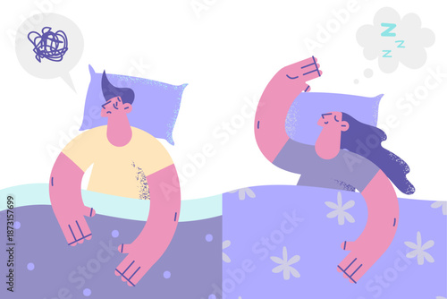 Man and woman in bed have good and bad sleep