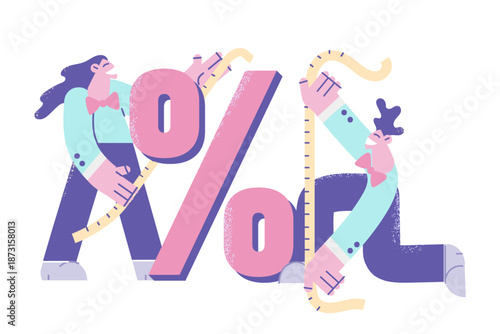 Smiling sale advisors measure discounts with tapes