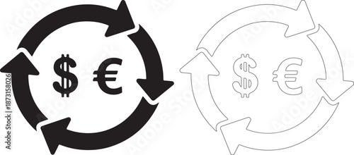 Currency exchange and conversion symbols with dollar and euro signs in circular arrows