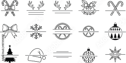 Christmas Split Monogram Frame Set, Holiday Ornament Vector Icons, Candy Cane Reindeer Antlers Snowflake Graphics, Winter Celebration Design Elements for Personalization