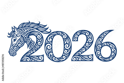 An intricately designed horse head illustration symbolizing the year 2026, with swirling patterns creating the numeric figure.