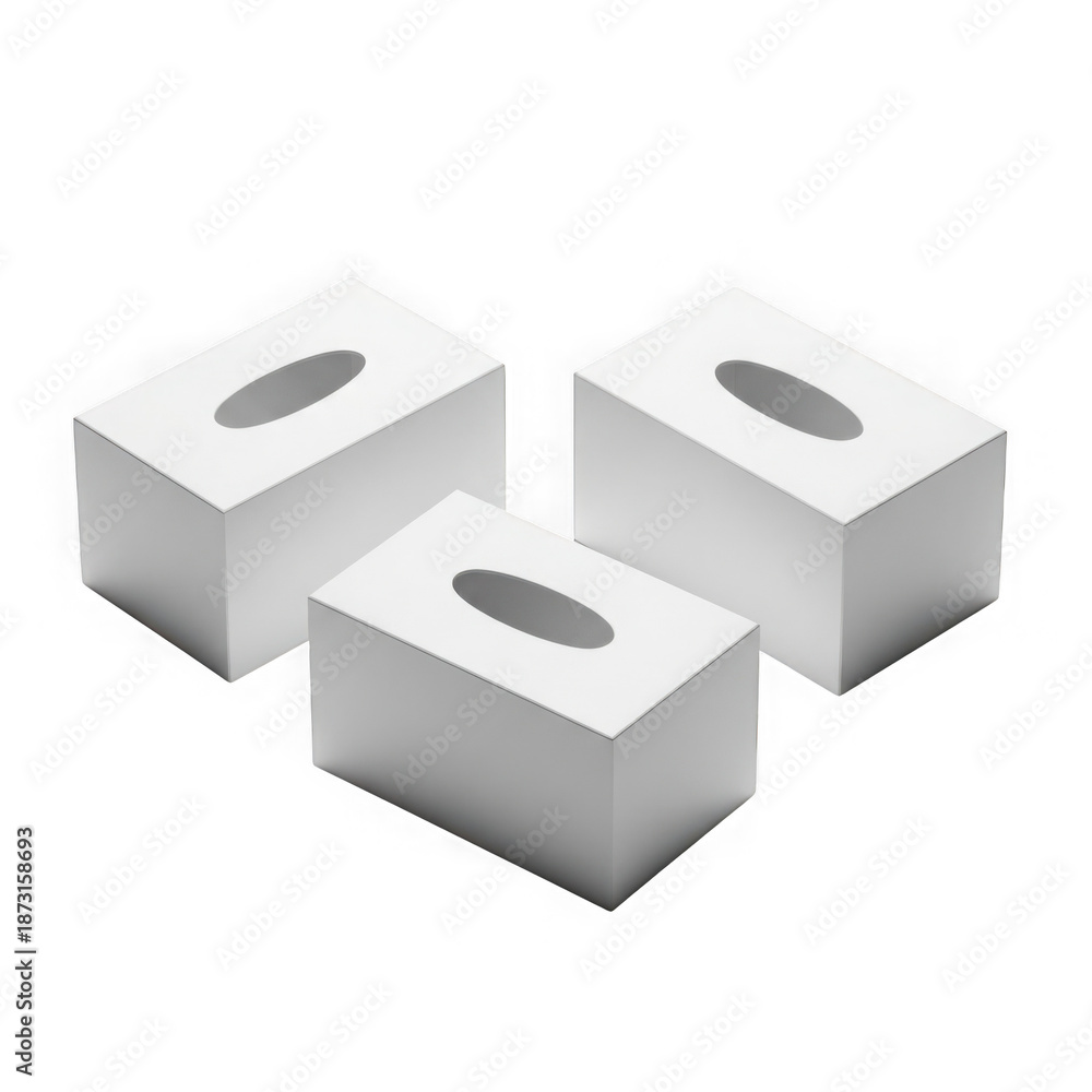 Fototapeta premium Three white tissue boxes arranged together showing their openings on a dark surface transparent background