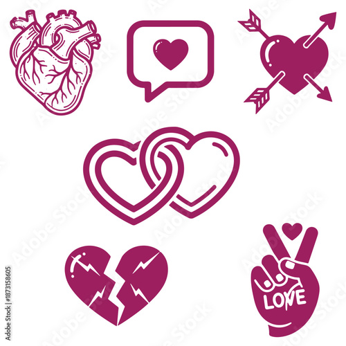 Collection of heart symbols representing love relationships and emotions in various styles and designs