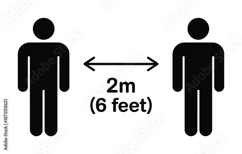Vector graphic depicts social distancing with two people standing 2 meters apart