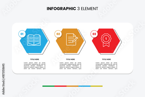 Modern Infographic Design Template with 3 Hexagonal Options, Education Icons, Workflow Layout, Business Process Diagram, and Vector Illustration