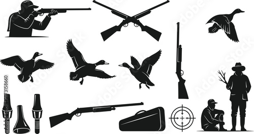 Duck Hunting Silhouette Vector Set, Hunter with Shotgun Icon Collection, Flying Mallard Wild Bird Graphics, Shooting Sport Equipment Design Elements,