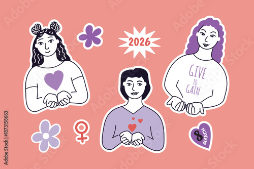 Give to Gain. International Women's Day Sticker Pack 2026 . Vector illustration in doodle style