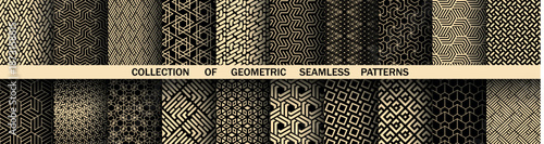 Geometric set of seamless black and golden golden patterns. Simple vector graphics