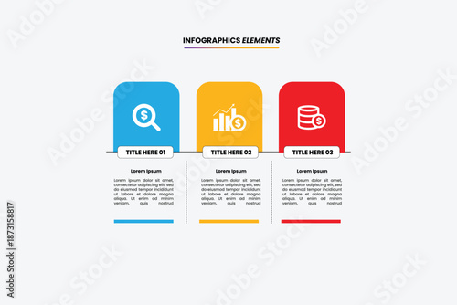 Business Infographic Template with 3 Colorful Options, Financial Icons, Flat Design for Presentation, Workflow Layout, and Data Visualization