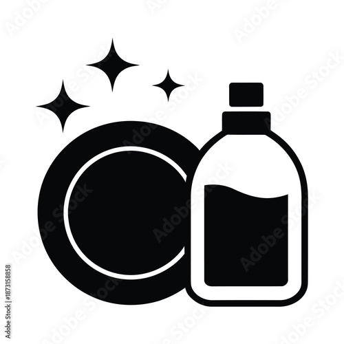 Vector icon of clean plate beside a bottle of soap for cleanliness