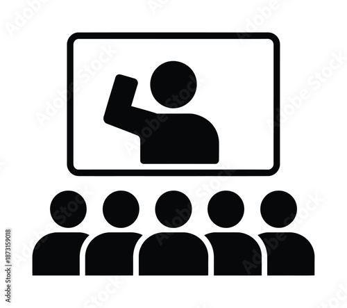 Vector illustration of a presenter addressing a seated audience in a classroom.