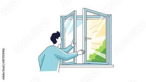 Man opening window to fresh air and sunny outdoor view